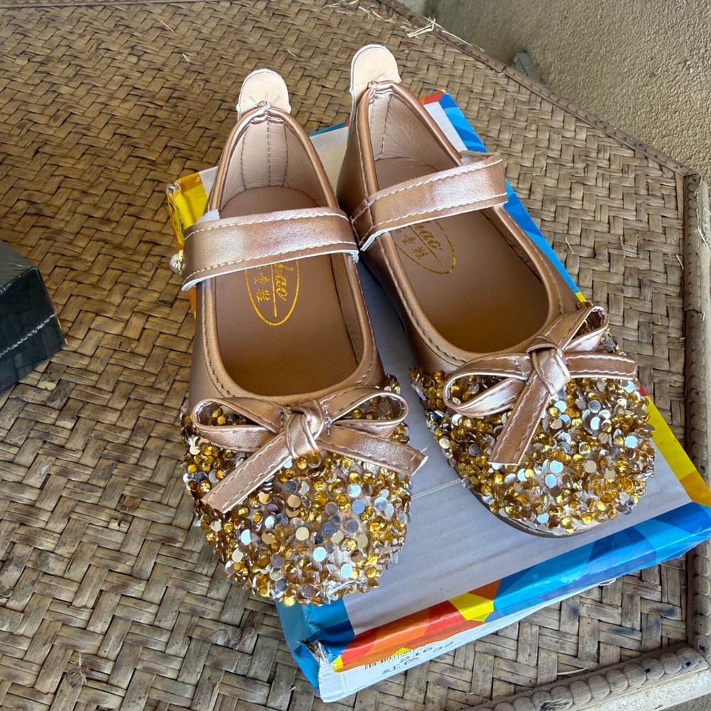 Shao Mary Jane Flats Kids Size 27 Rose Gold Sequin Bow Dress Shoes Sparkly Bling - Picture 2 of 7